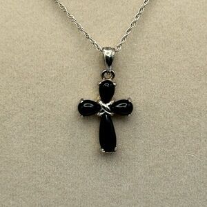 925 Sterling Silver & Black Onyx Cross Pendant Necklace 18" Stamped